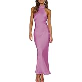 Phicia Sexy Satin Halter Neck Backless Maxi Dress for Women Elegant Tie Cowl Back Formal Wedding Guest Dress for Summer