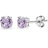 Earrings for Women Sterling Silver Trendy 4mm, 5mm, 7mm, 8mm Solitaire Purple Stud Round Genuine Amethyst Studs for Bridesmaids