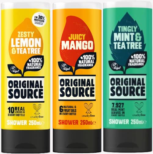 Original Source Pack of 3 250ml Shower Gel Bottles, Zesty Lemon & Tea Tree, Tingly Mint & Tea Tree, Juicy Mango