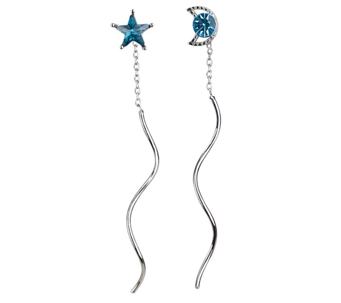 Iszie 925 Sterling Silver Blue Crystal Star Moon Dangle Earrings Chain for Women Teen Girls Star Dangling Earrings Threader Tassel Women's Earring