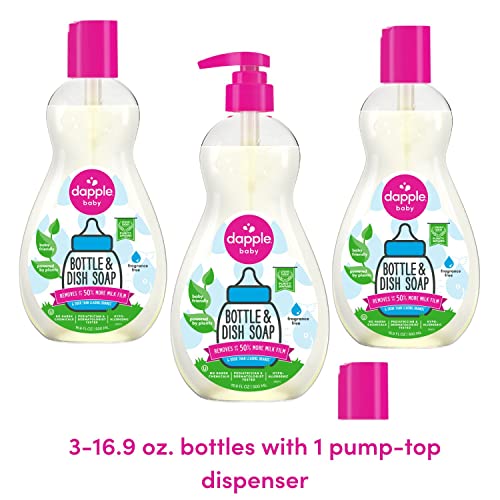 DAPPLE BABY BOTTLE SOAP, HYPOALLERGENIC DISH SOAP FOR BABY BOTTLES, POWERED BY PLANTS, 1 PUMP INCLUDED, PACKAGING MAY VARY, FRAGRANCE FREE, 16.9 FL OZ (PACK OF 3)