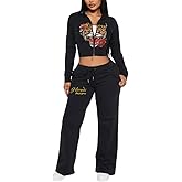 Glitrandi Womens 2 Piece Outfits Fashion Print Cropped Hoodies Jacket Sweatpants With Pockets Tracksuit For Women