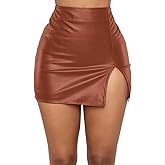 Women PU Leather Bodycon Short Skirt High Waisted Stretchy Asymmetrical Split Hem Hip Wrap Mini Skirt
