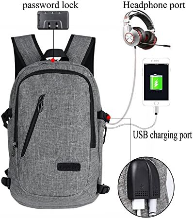 Anti-theft Laptop Backpack,Water Resistant Travel School College Bag with Headphone Port&USB Charging Hole and Lock,Business Laptop Backpack for Women and Men -Fits 12-16 Notebook (Grey)