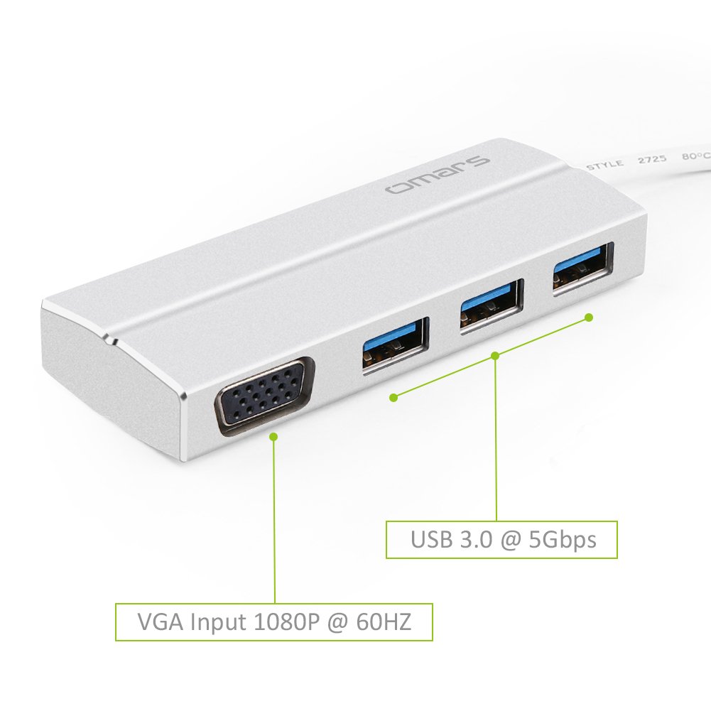 Omars USB C Hub VGA, 4-in-1 Aluminum 1080P VGA Adapter + 3 * USB 3.0 Ports for New Macbook, Macbook Pro 2016/2017, Google ChromeBook Pixel, Huawei Matebook and Other Type C Devices