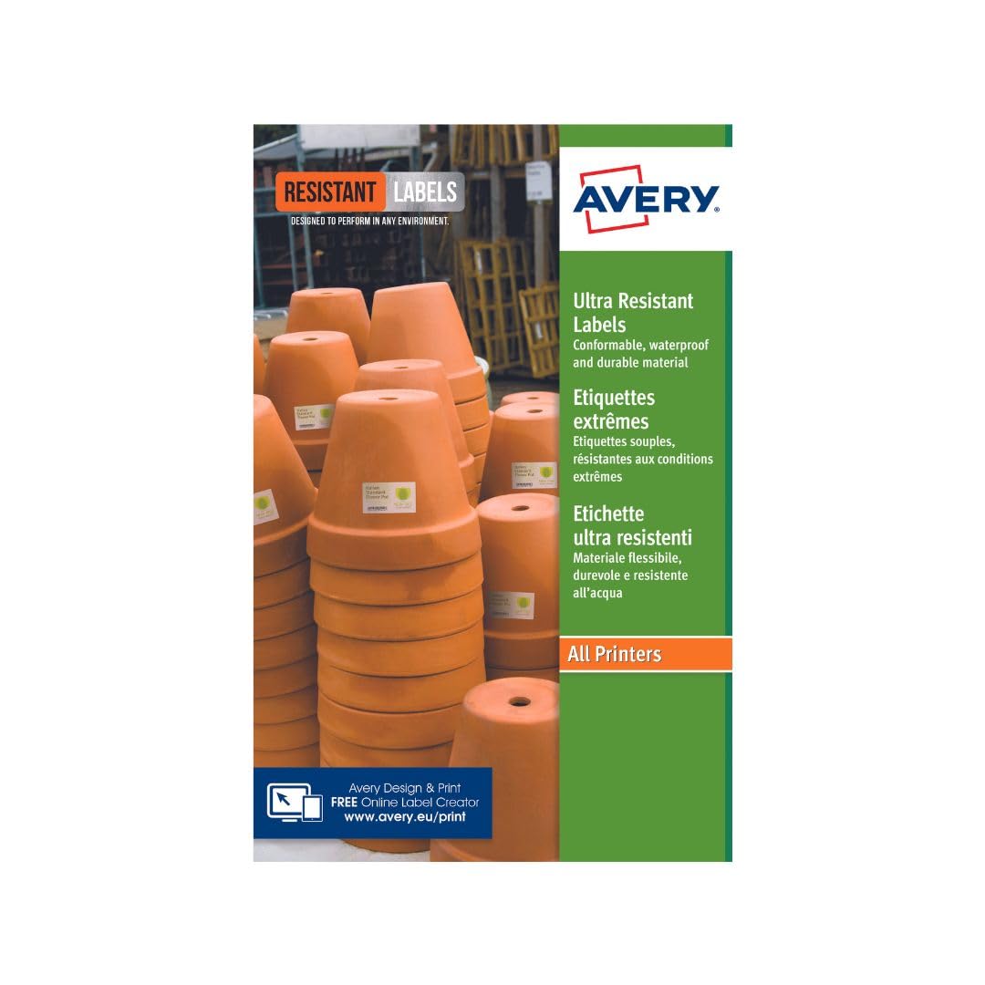 Avery B3427-20 Ultra Resistant Labels, White (A4 Sheet of 105 x 74.3 mm, 20 Labels)