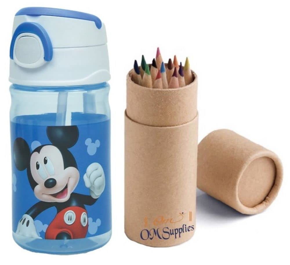 OM SUPPLIES Mickey Characters Reusable Pop Up Water Bottle Drink Bottle Flask with Cord for Easy Carry School Lunch Kids Childrens 350ml Includes Half Size 12pcs Pencil Set (Mickey)