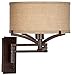 Franklin Iron Works Tremont Rustic Farmhouse Swing Arm Wall Lamp Bronze Plug-in Light Fixture Dimmable Tan Burlap Drum Shade for Bedroom Bedside House Reading Living Room Home Hallway Dining
