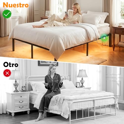 FURRIFIC Base Cama Matrimonial con Lámpara LED RGB Inteligente–2 Puertos USB + 2 Enchufes de CA, Control por App y Remoto, Espacio de Almacenamiento Debajo de la Cama, Marco Resistente