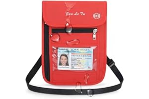 ROOSALANCE Neck Pouch Passport Holder with RFID Waterproof Multifunctional Document Organizer Visual Window Design Travel Wallet for Men and Women Red
