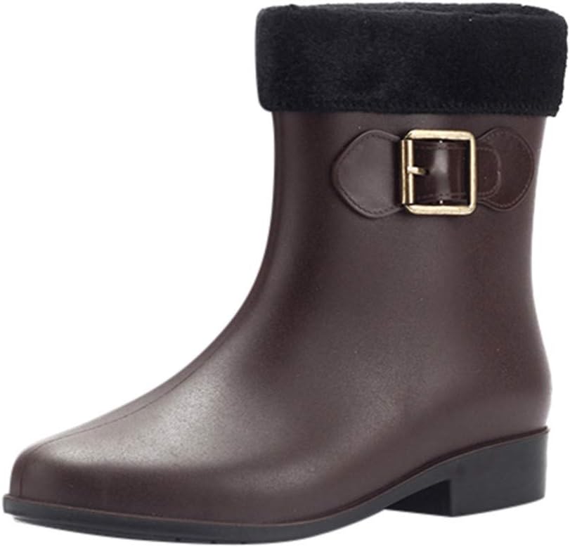 Womens Low-Heeled Keep Warm Round Toe Casual Shoes Non-Slip Slip-on Rain Boots by Qinpin