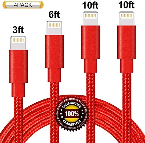 BULESK Lightning Cable 4Pack 3FT 6FT 10FT 10FT Nylon Braided Certified iPhone Cable USB Cord Charging Charger for Apple iPhone 8, X, 7, 7 Plus, 6, 6s, 6+, 5, 5c, 5s, SE, iPad, iPod Nano, Touch (Red)