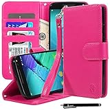 Moto X Pure Edition Case, Moto X Style Case, Style4U Premium PU Leather Stand Wallet Case with ID Credit Card / Cash Slots for Motorola Moto X Style / Pure Edition (2015 Release) + 1 Stylus [Hot Pink]