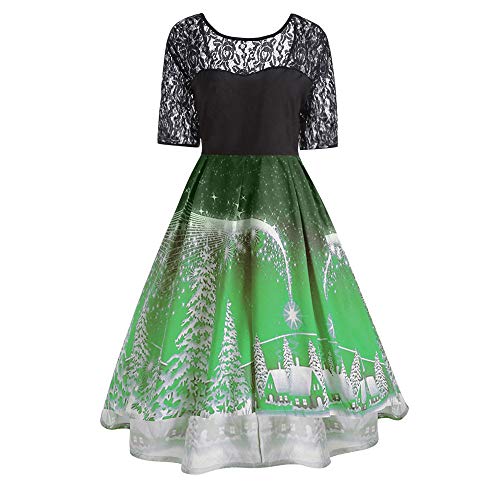 charmsamx Women's Vintage Floral Lace Dress Christmas Short Sleeveless Cocktail Party A-Line Swing Dress 50s Round Neck Pleate Dance Holiday Dress Green,XXL