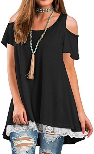 TDTE Womens Cold Shoulder Tops Short Sleeve Lace A-Line Tunic T-Shirt Blouse,01 Black,Medium