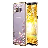 Galaxy S8 Case, LONTECT Floral Butterfly Graden Design Pattern with Bling Diamond Clear Soft TPU Gel Slim Back Case Cover for Samsung Galaxy Galaxy S8 - Gold