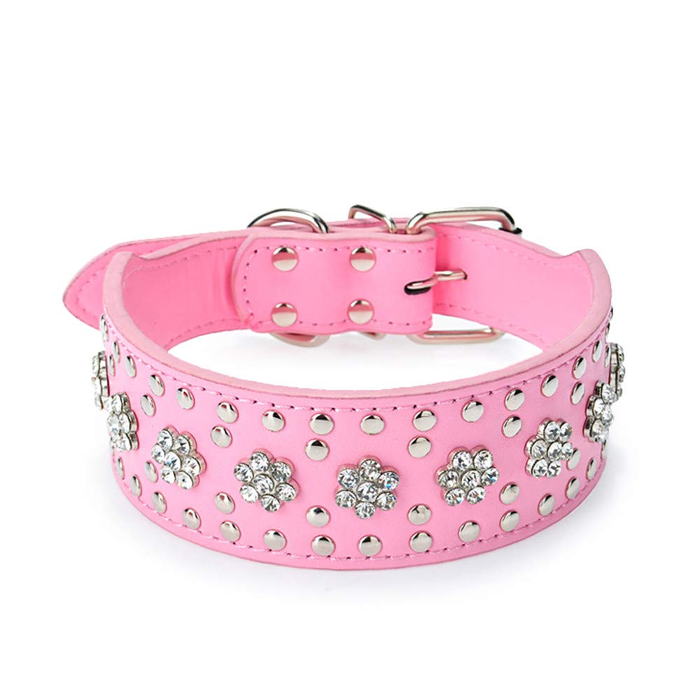 haoyueer Rhinestones Dog Collars Flower Pattern Rhinestone Studded Leather Sparkly Crystal Diamonds Dazzling Sparkling Elegant Fancy PU Leather Dog Collar for Medium & Large Dogs (M, Pink)