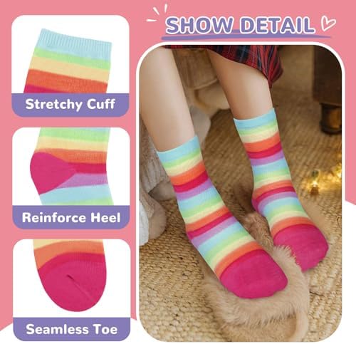 Schulkind Socken Mädchen Kinder Regenbögen Sterne Wolken Lustige Bunte Muster Neuheit Crew Socken 6 Paar Geschenke 5-8 Jahre Größe 28-31 Atmungsaktiv Weich