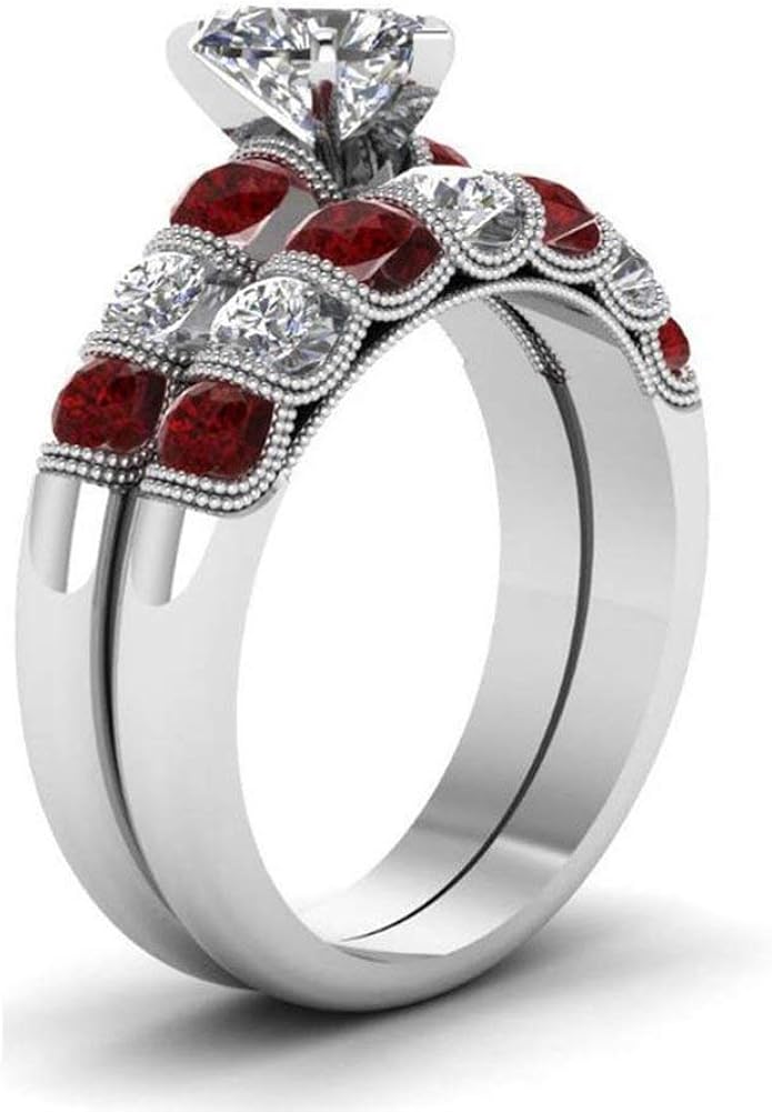 Bague Cœur En Argent 925 Plaqué Or Blanc Avec Rubis Et Topazes - Taille 52, Jamais Portée