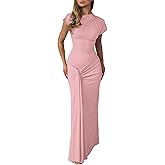 Mojessy Women Bodycon Maxi Dress Sexy Mock Neck Lace Up Bandage Ruched Short Sleeve Long Dress Cocktail Dress