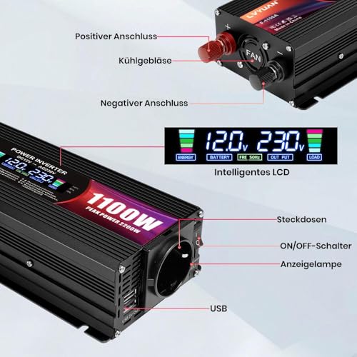 LVYUAN DC Converter 12V to 220V AC 2200W Inverter Power Inverter 2 USB Ports/EU Plugs