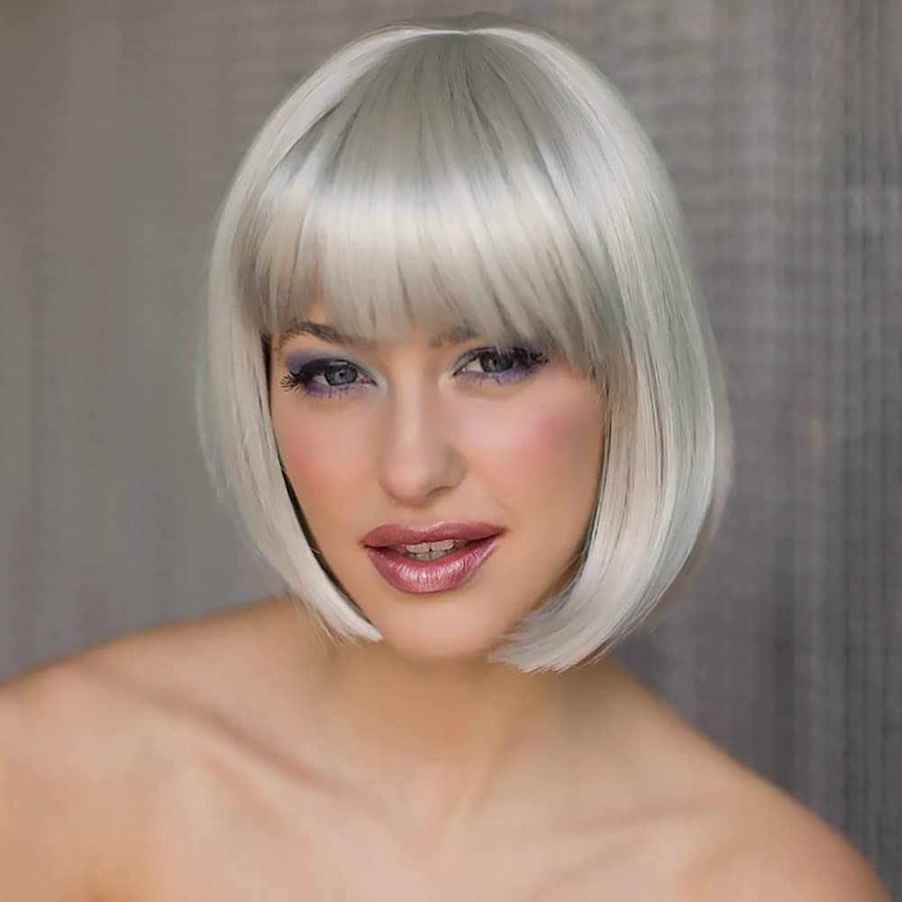 YEESHEDO Women's Short Bob Wigs Straight with Bangs Colorful Hair Cosplay Party Halloween Costume Replacement Heat Resistant Wig for Ladies Synthetic Natural As Real Hair 12"(Silver grey)