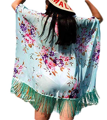 pipigo Women's Kimono Open Front Tassel Floral Chiffon Cover Up Swimwear Beachwear Light Blue US XL