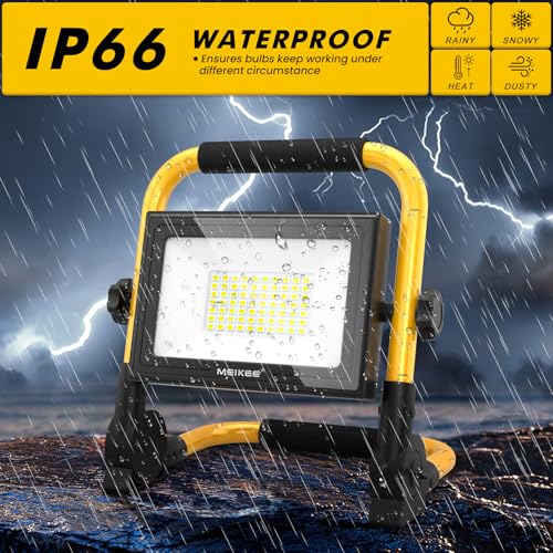 MEIKEE 60W LED Work Light, 5200LM High Bright Flood Lights, 5000K Natural White Light IP66 Waterproof Outdoor Portable Job Site Work Light with Stand for Workshop, Construction Site, Garage