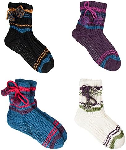4 Pairs Slipper Socks Booties Tassle Pom-Pom Non-Slip Fits Shoe 5-10 Size 9-11