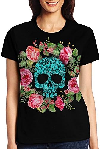 Glueay Flower Pink Sugar Skull Women's Short Sleeve Tops Tee Crew Neck T-Shirt XL