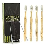 Bamboo Toothbrush | Kids And Adults | Soft Reliable Bristles | Tongue Scraper Included | Natural / Biodegradable / Eco Friendly | 4 Pack Set | Travel | Can Use With Charcoal