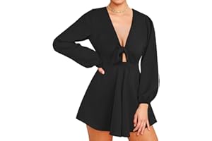 AGQT Women's Sexy V-Neck Self-Tie Front Romper Short Jumpsuit Playsuit Mini Outfit Dress Boho