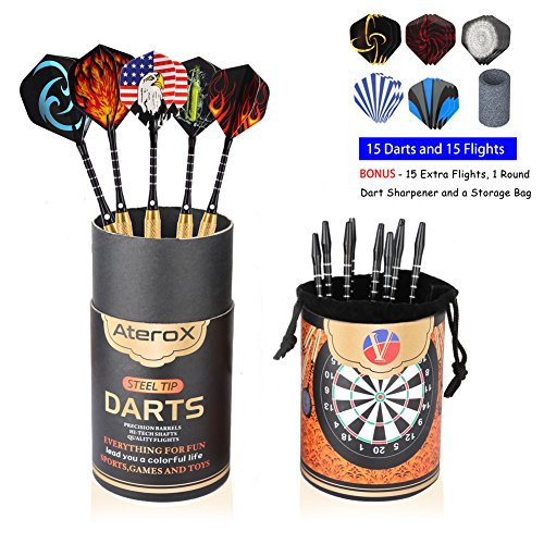 Darts Steel Tip Set (15 Pack) 18 Grams with Millstone Sharpener, 5 Set of Extra Flights, Aluminum Shaft, Brass Barrel and a Premium Storage Case, Perfect for All Levels Designed by Aterox