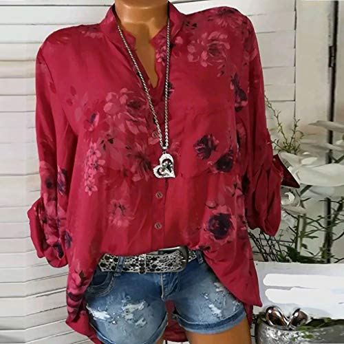 ANJUNIE Women Flower Printing Blouse with Pocket,Long Sleeves Notch Neck Tunic Top Shirt(Red,L)