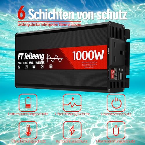 1000W 12V to 240V Pure Sine Wave Inverter,Power Inverter, Stable Output, Dual USB 3.1A Fast Charging, LED Display, 6 Protection Functions, Car Inverter for Camping Emergency