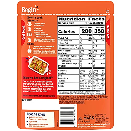 BEN’S ORIGINAL READY RICE ORIGINAL LONG GRAIN WHITE RICE, EASY DINNER SIDE, 8.8 OZ POUCH