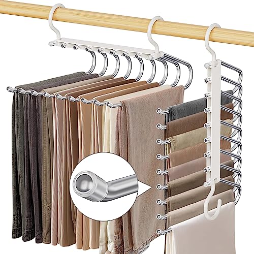 WEKIWGOT 9 in 1 Trouser Hangers, 2 Pieces Multifunctional Space Saving Rack Hanger for Organizing Closets, Trousers for Women and Men, Jeans, Bras, Scarves and Ties (White)