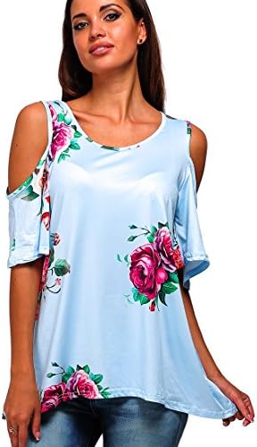ShiZiBan Women's Floral Print Cut Out Shoulder Short Sleeve T Shirt Tops Blouse Turquoise XL