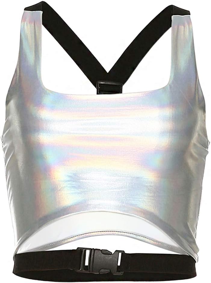 Rebecca Women's Reflective Crop Top Rave Dance Club Tank Vest for Teen Girls