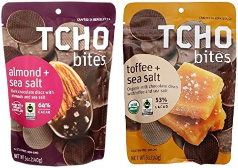 Tcho New American Chocolate Bites 2 Flavor Variety Bundle, (1) each: Almond & Sea Salt, and Toffee & Sea Salt (5 Ounces)