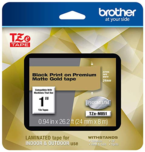 Brother P-touch TZe-M851 Black Print on Premium Matte Gold Laminated Tape 24mm (0.94”) wide x 8m (26.2’) long