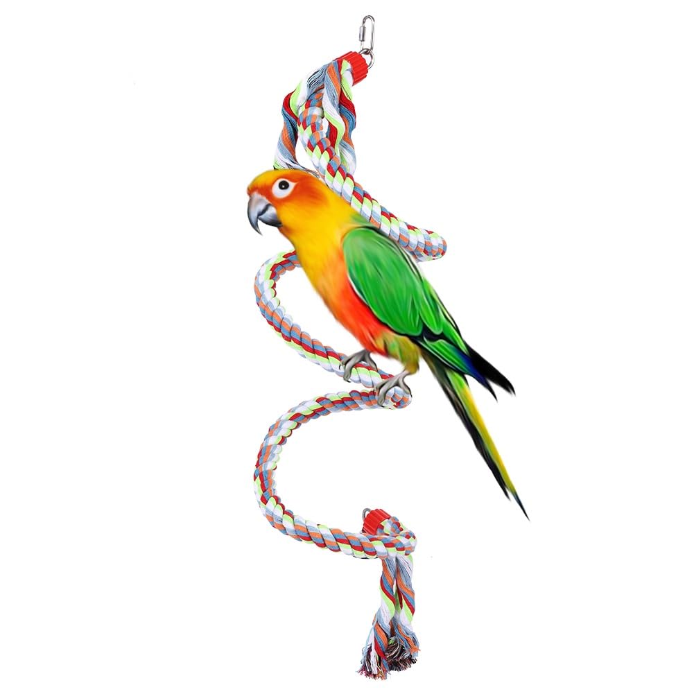 Birds Spiral Rope, Spiral Rope for Birds, Spiral Rope with Birds, 1.6 Meters Parrot Swing Climbing Standing Toys Cotton Bungee Rope Bird Toy with Ringing Bell for Large Medium Small Parrots