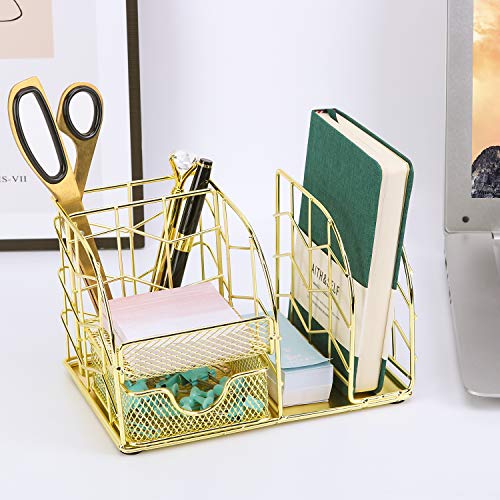 Z-PLINRISE-Desk-Supplies-Organizer-4-Slots-Plus-1-Drawer-Pen-Holder-Mail-Sorter-Sticky-Note-Holder-and-Accessory-Slot-Wire-Stationery-Storage-Rack-for-Home-Office-Gold