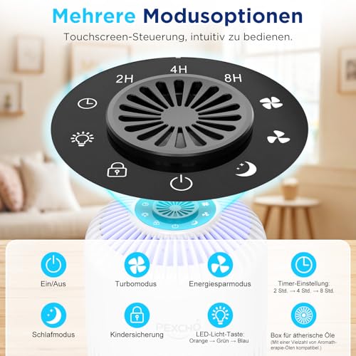 PEXCHO Air Purifier for Allergy Sufferers, Upgrade 4-in-1 HEPA Filter, Air Filter with App Control, Timer, Aromatherapy, Removes 99.97% Allergens, Pet Hair, 12 W Air Filter for Bedroom, Office