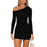 ForeFair Women's Off The Shoulder Long Sleeve Mini Dresses Double Lined Ruched Bodycon Club Party Going Out Outfits