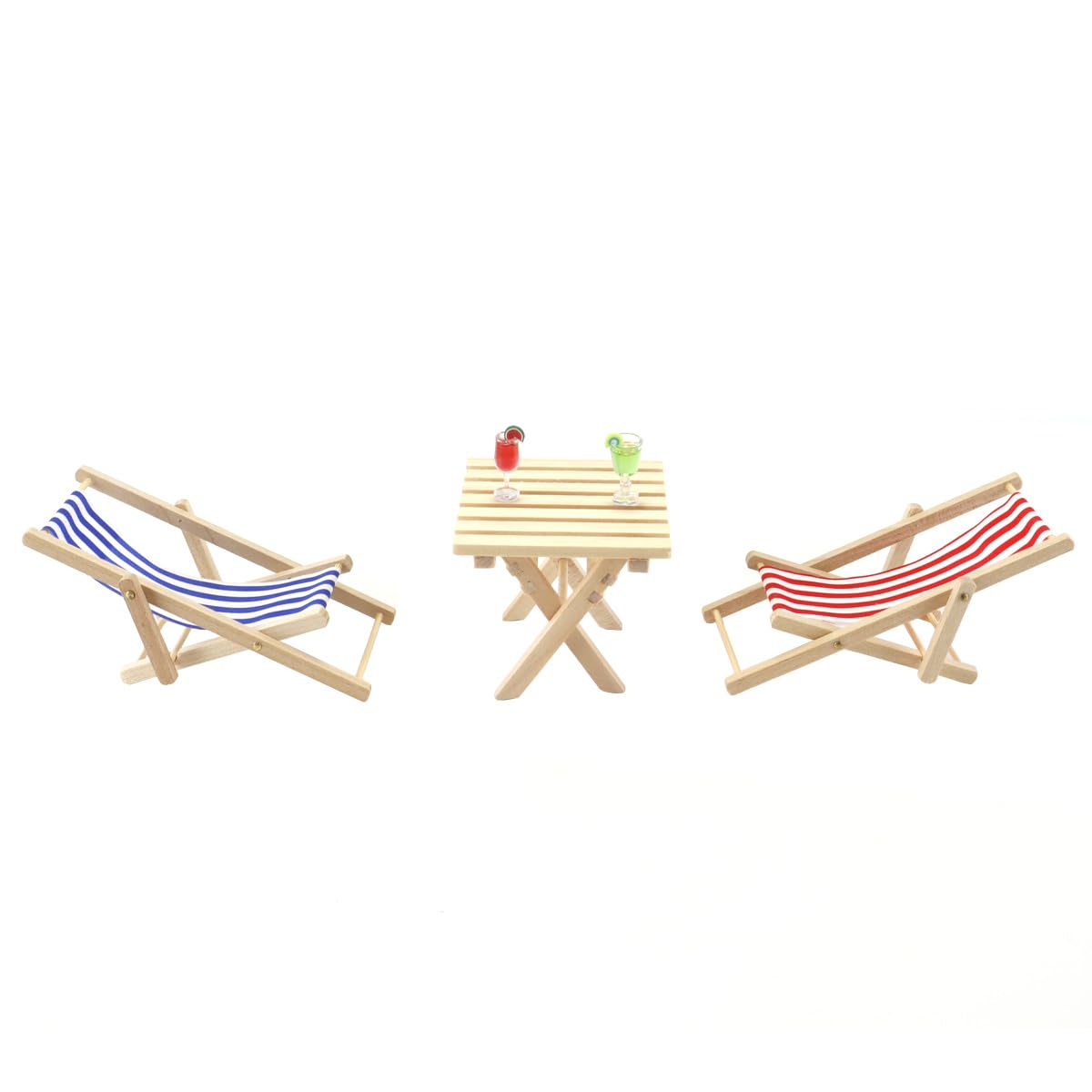 Orivin Mini Wooden Beach Striped Lounge Chair Set with Mini Desk and Tiny Drink Glass Models