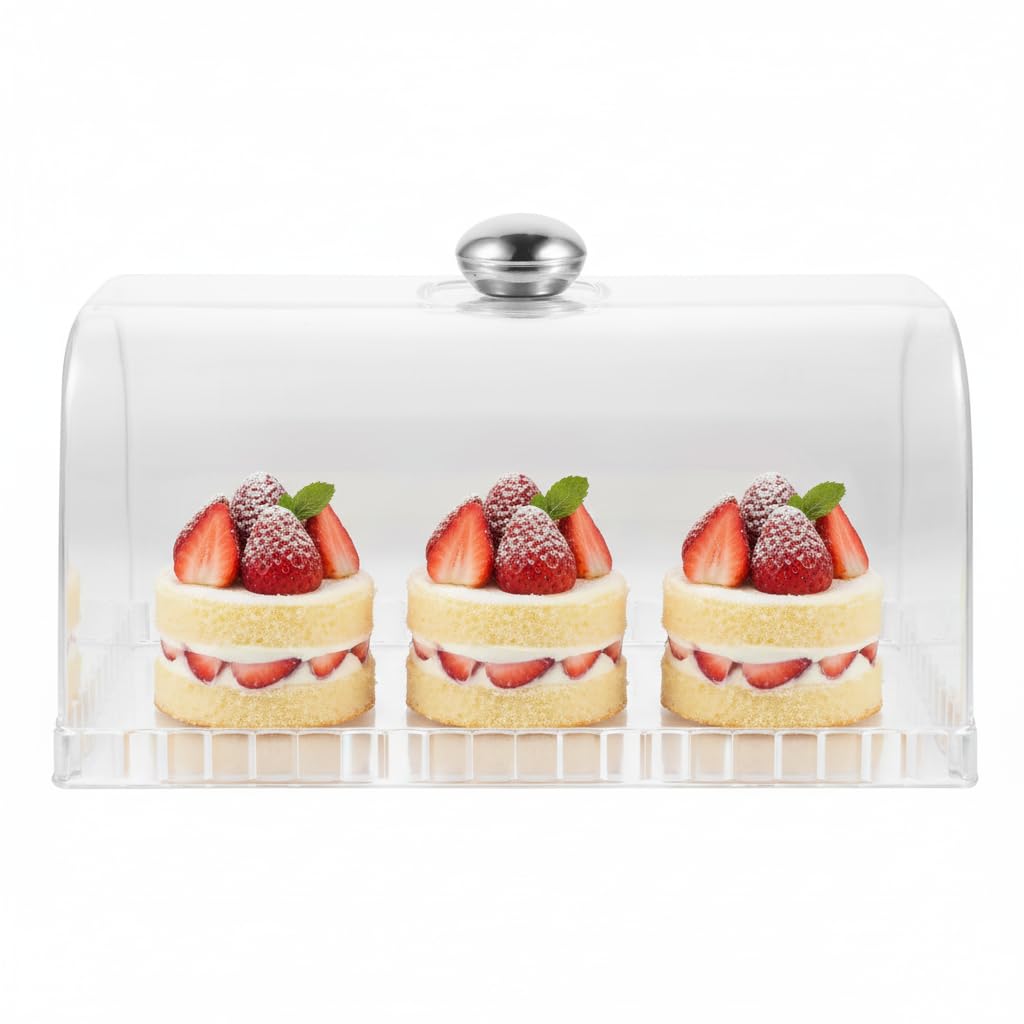 Housoutil Transparent Rectangle Cake Display Stand with Dome Lid 10.6In Clear Plastic Cover for Bakery Cake Dessert Protection