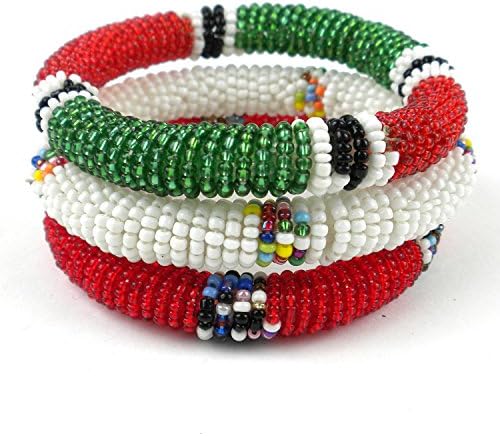 Maasai Bangle Bracelets- Set of 3 - Bold Colors Red, Green and White