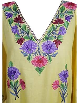 Mogul Womens Evening Caftan Kashmiri Floral Embroidery Cotton Kaftan Maxi Dress