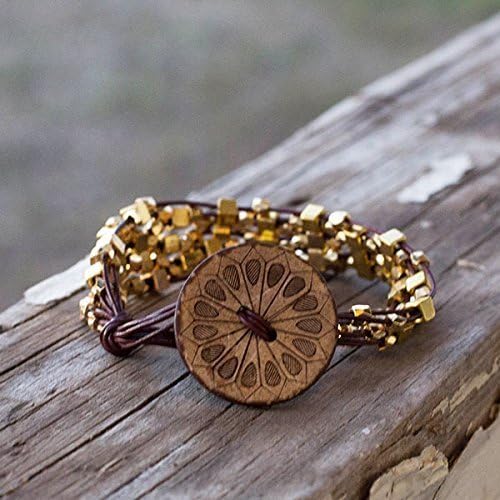 Brass-tone Beaded Brown Leather Bracelet with Coconut Button Mandala Print as Clasp - Size 8